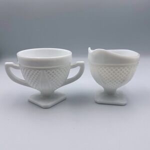 1960's Indian Glass Milk Glass Creamer & Sugar Set Quilted Diamond Pedestal